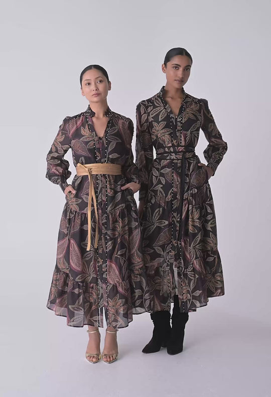 UNDER 5'4 Wanderlust Pearl Embellished Cotton Silk Maxi Dress in Dark Tropique