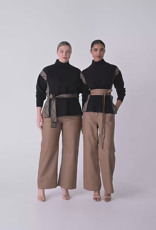 Nomadic High Neck Wool Viscose Blend Sweater in Black Chevron