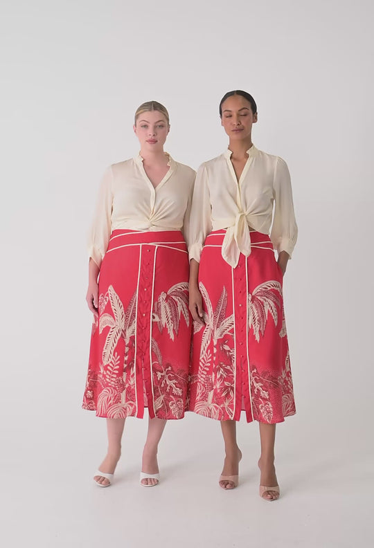 OnceWas Harper Viscose Faille Print Criss Cross Waist Panel Skirt in Crimson Palms