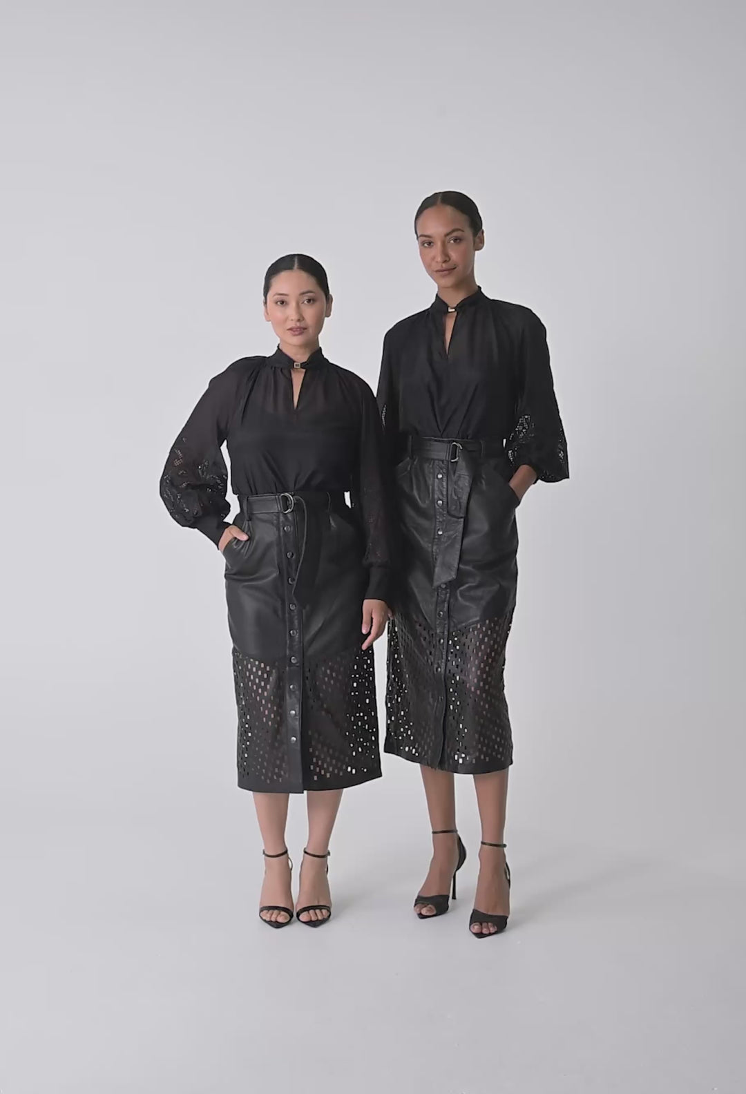 PETITE Hypnotic Leather Custom Laser Midi Skirt in Black Lattice