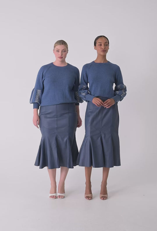 OnceWas Gayle Leather Godet Panelled Skirt in Stonewashed Blue