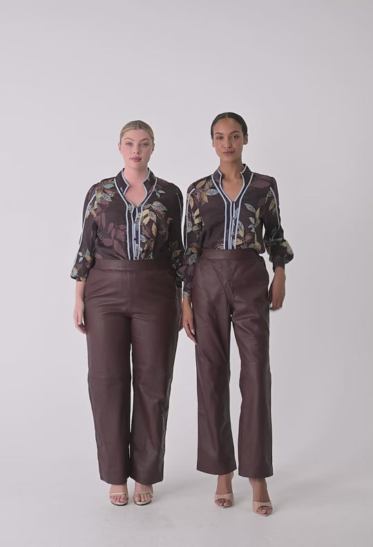 OnceWas Joan Leather Elasticated Waist Straight Leg Pant in Oxblood