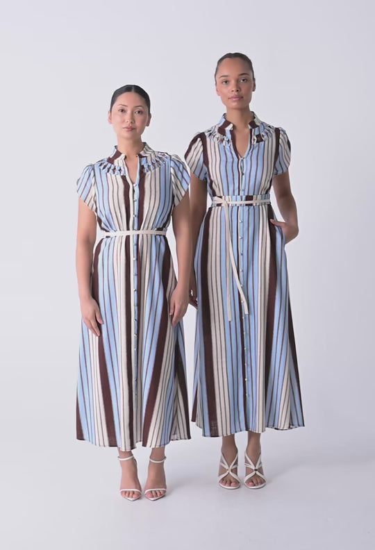 UNDER 5'4 Cattleya Linen Viscose Maxi Dress in Iridescent Stripe