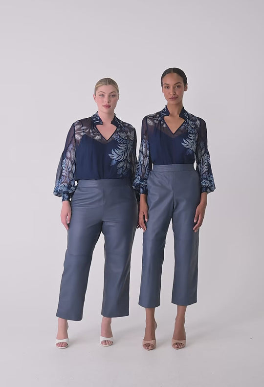 OnceWas Colette Viscose Chiffon Print Shirred Collar Blouse in Moonlit Batik