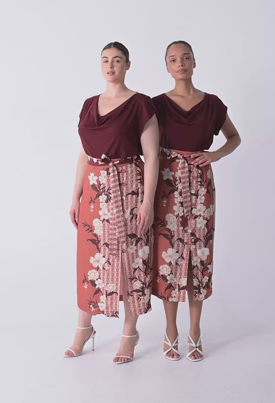 OnceWas Adria Viscose Faille Button Detail Printed Midi Skirt in Amber Vine