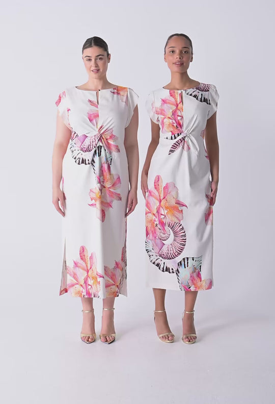 Geneva Stretch Linen Viscose Twist Column Dress in Nautilus Bloom