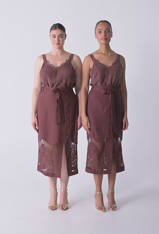 OnceWas Julien Cupro Blend Lace Trim Cami in Rosewood