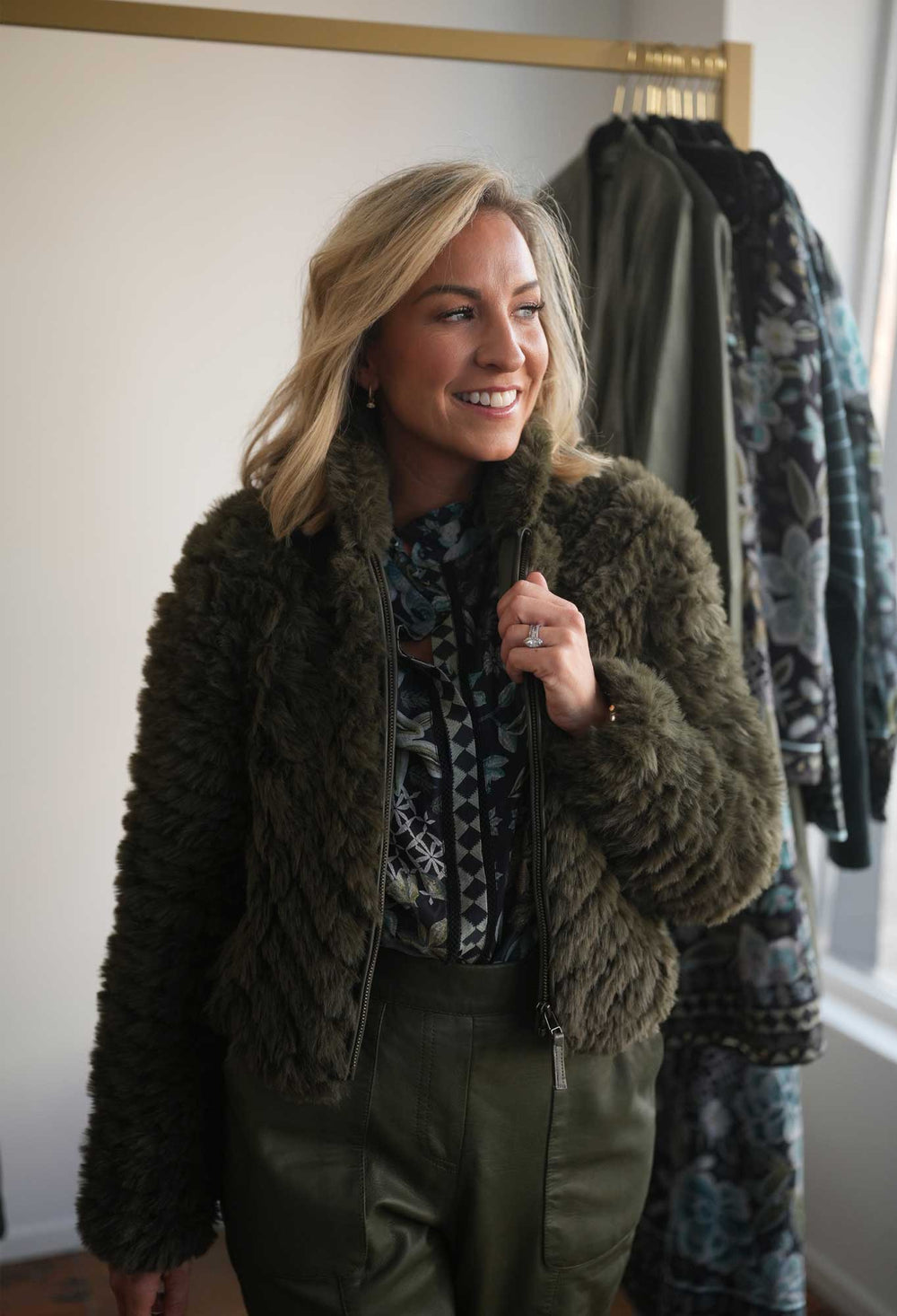 Sybil Chevron Faux Fur Bomber in Moss