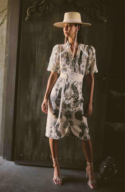 Gaia Lace Spliced Linen Viscose Dress in Imperial Stone
