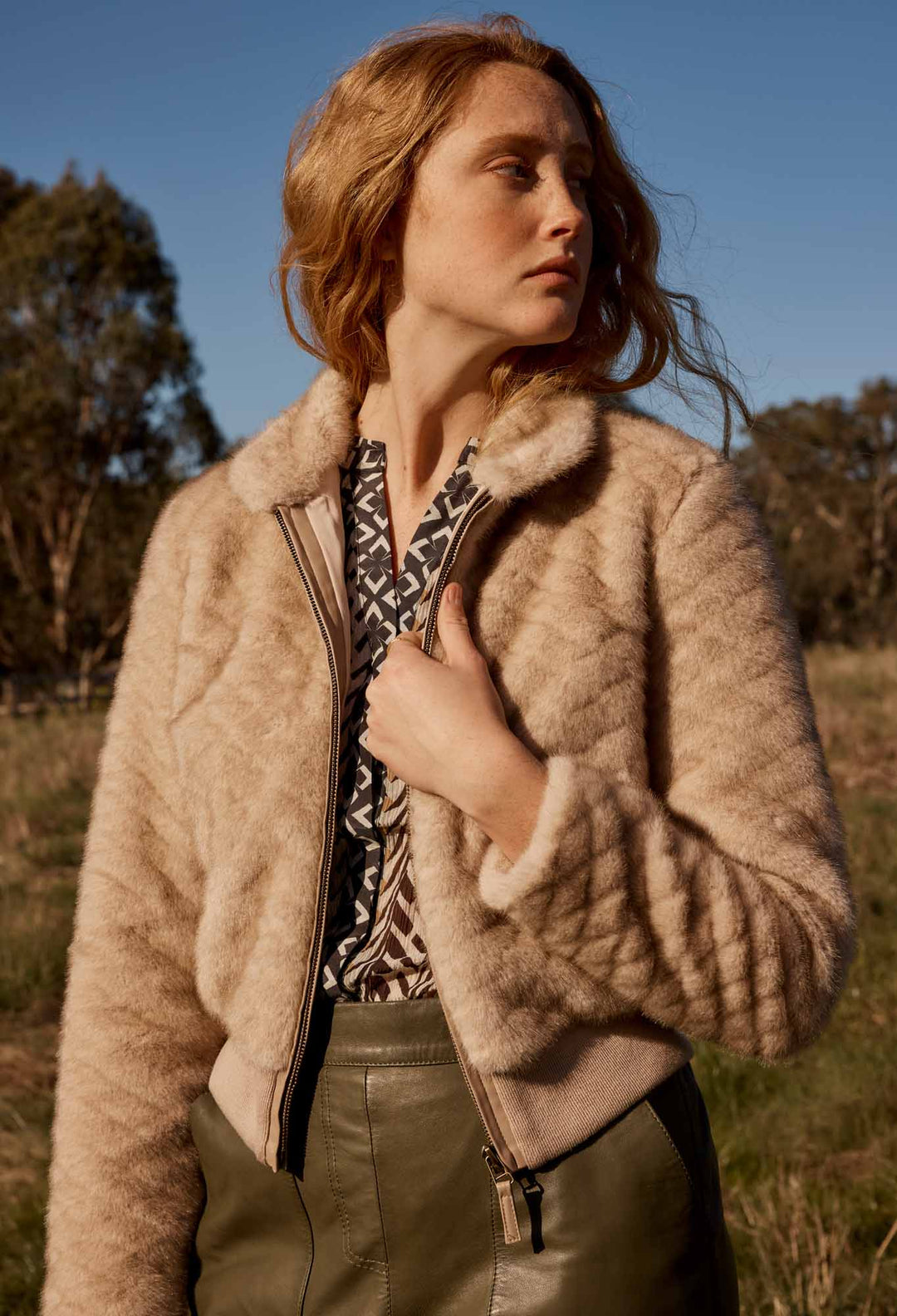 OnceWas Stella Faux Fur Bomber Jacket in Fawn