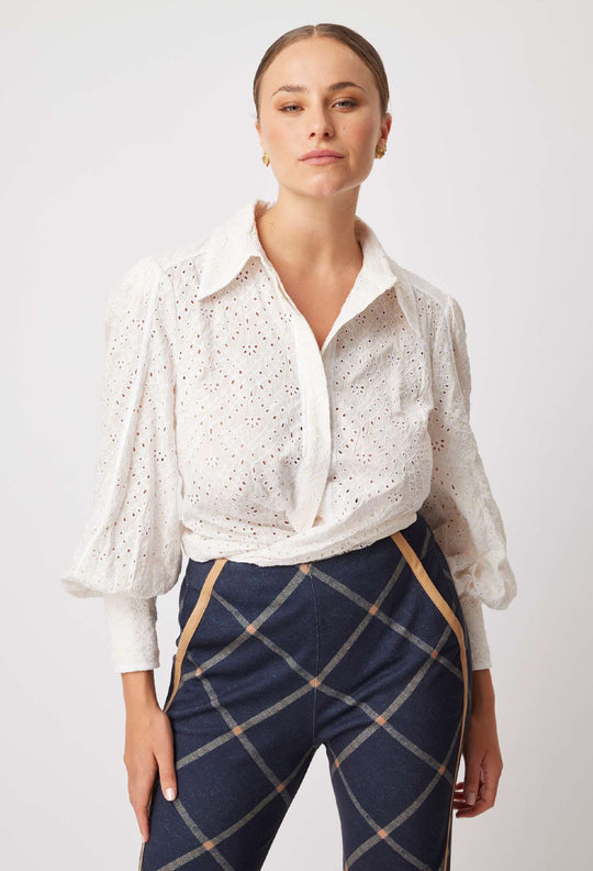 OnceWas Tallitha Broderie Shirt in Alabaster