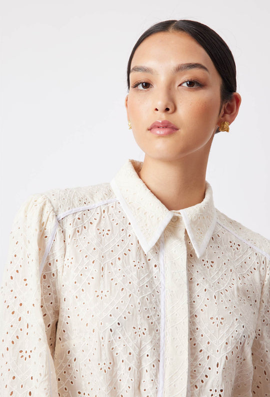 OnceWas Tallitha Broderie Shirt in Alabaster