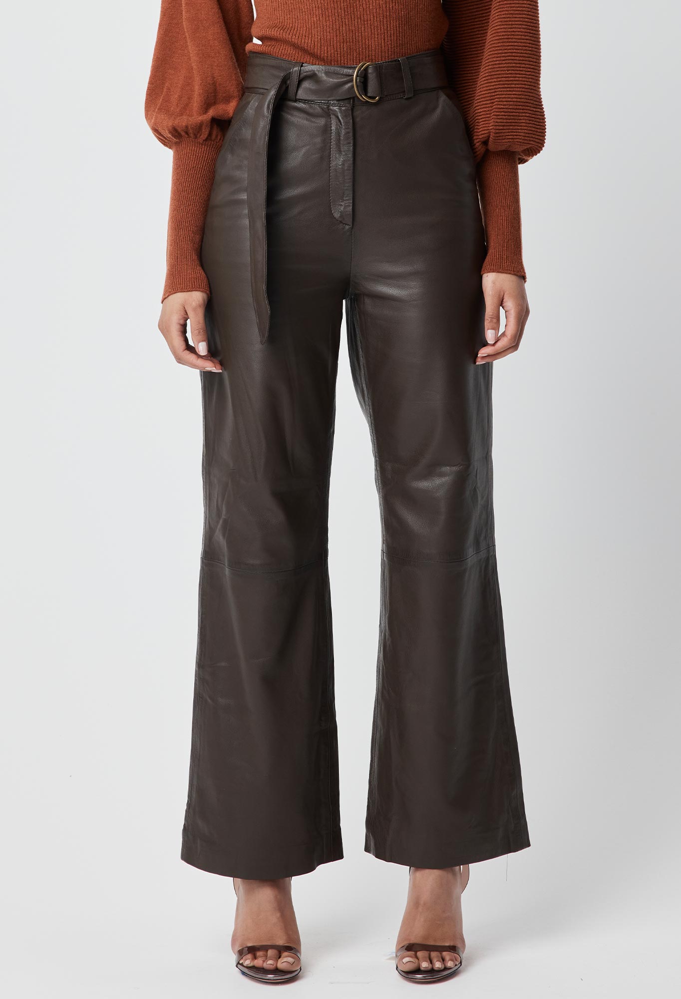 OnceWas Halston Leather Wide Leg Pant in Chocolate