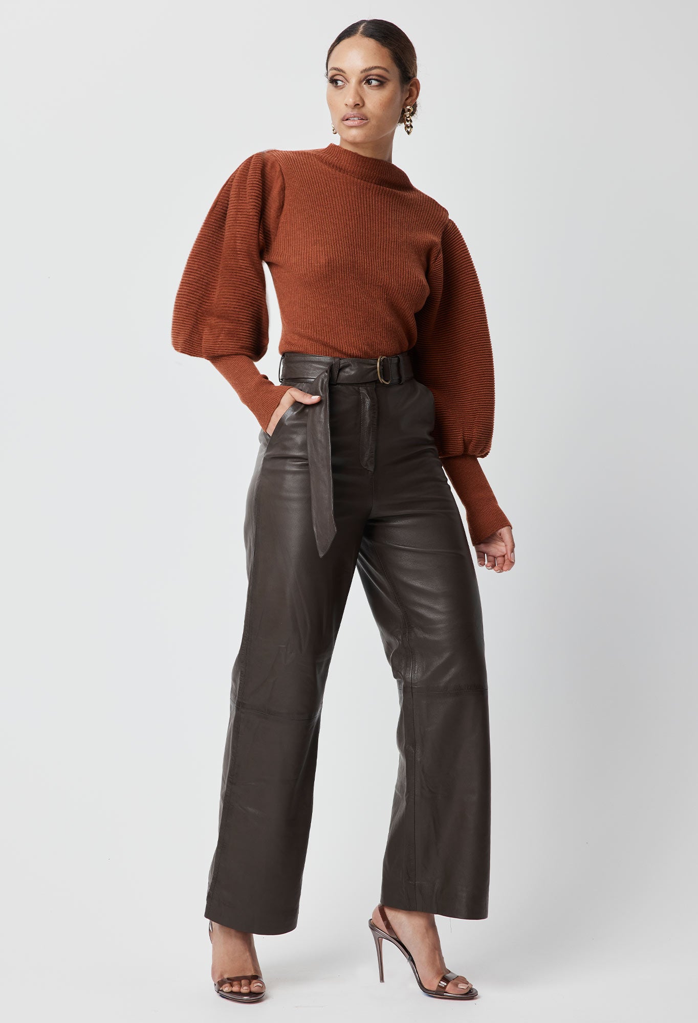 OnceWas Halston Leather Wide Leg Pant in Chocolate