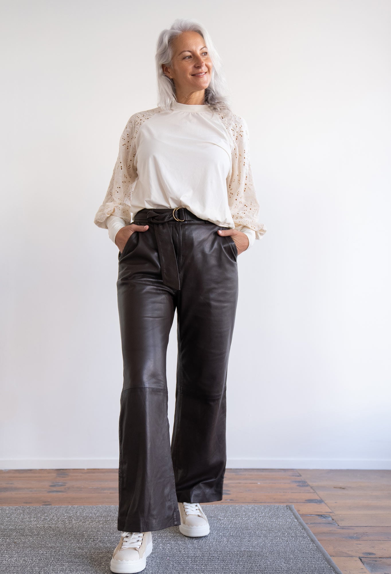 OnceWas Halston Leather Wide Leg Pant in Chocolate
