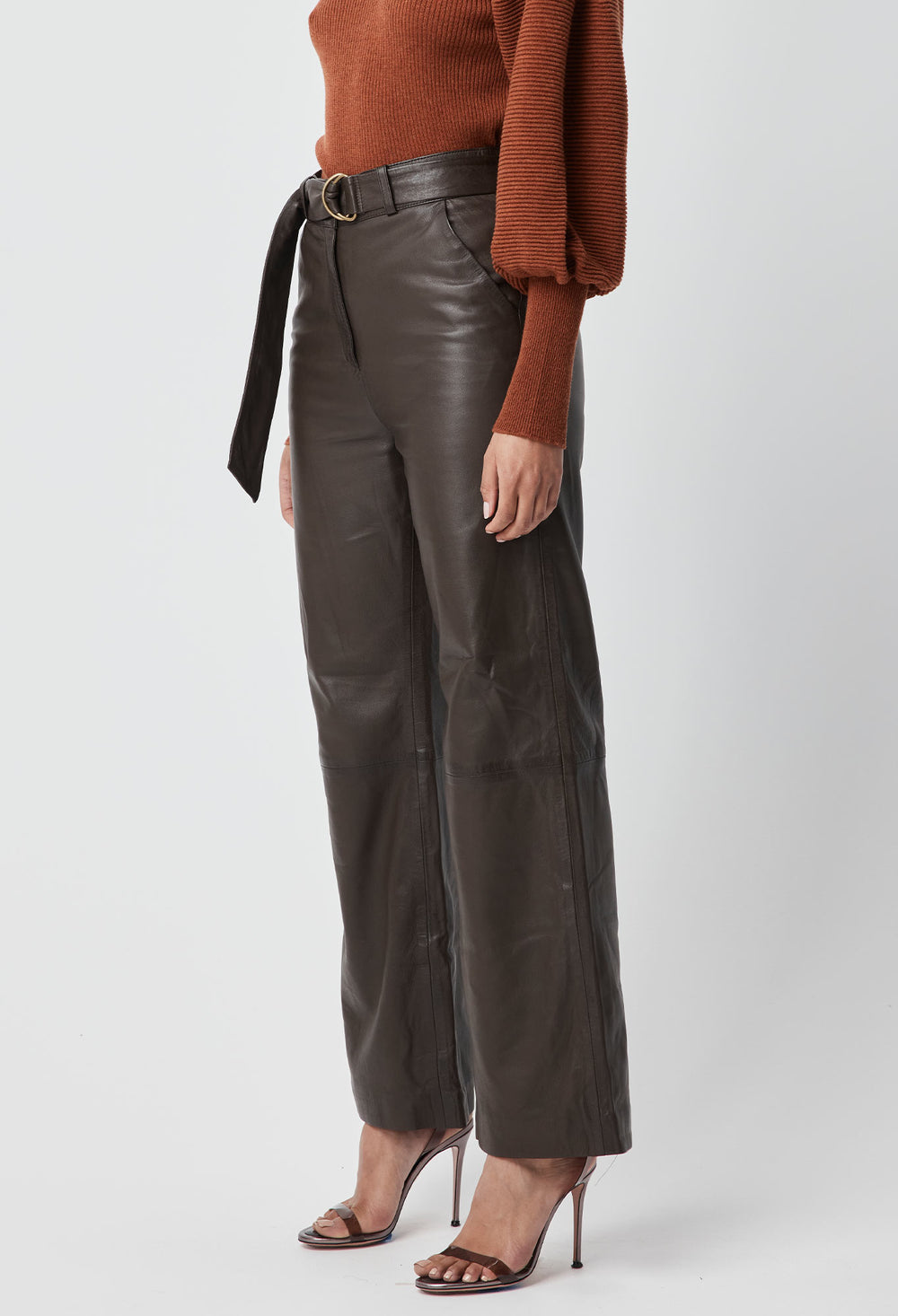 OnceWas Halston Leather Wide Leg Pant in Chocolate