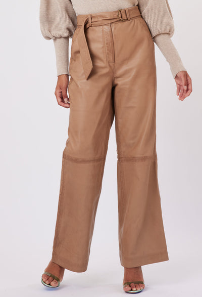 OnceWas Halston Leather Wide Leg Pant in Husk