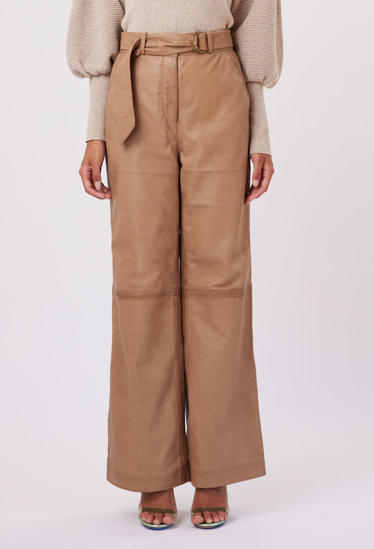 OnceWas Halston Leather Wide Leg Pant in Husk