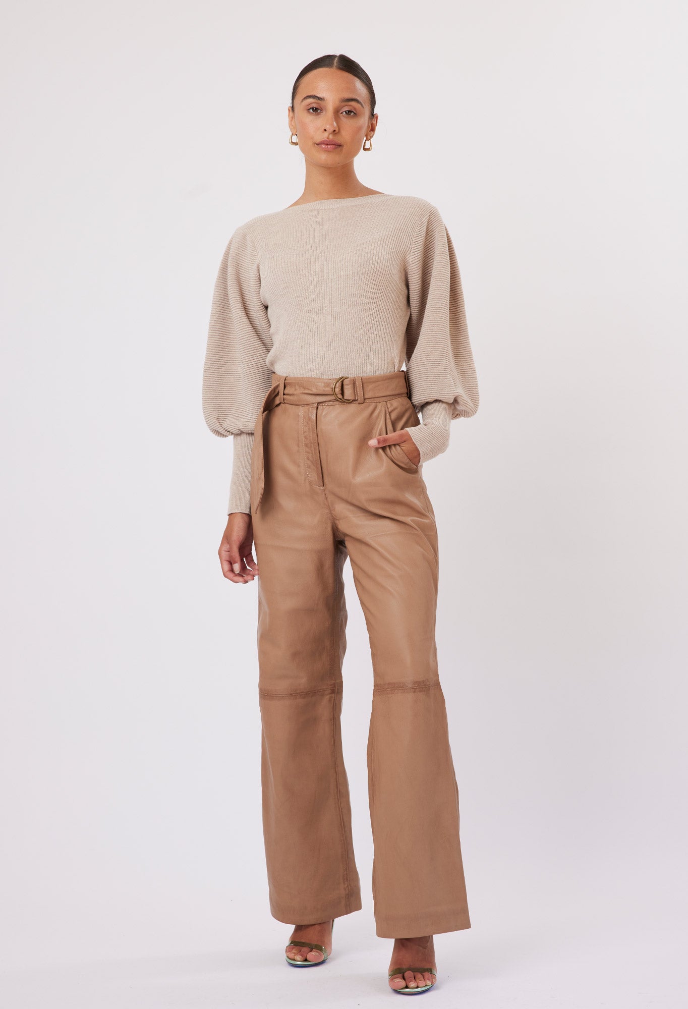 OnceWas Halston Leather Wide Leg Pant in Husk