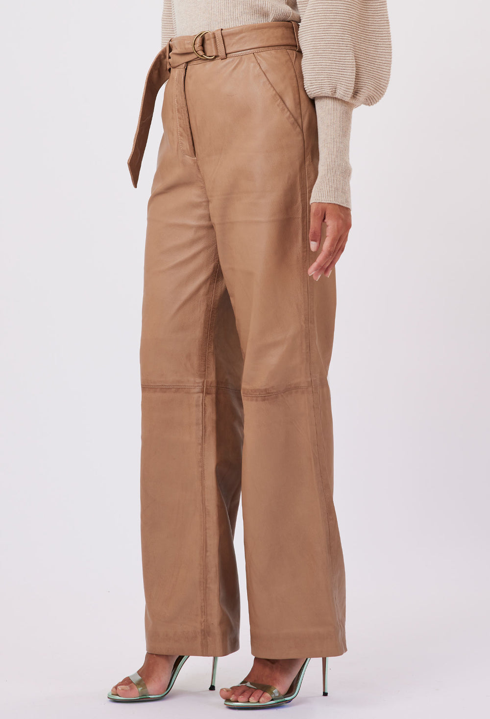 OnceWas Halston Leather Wide Leg Pant in Husk