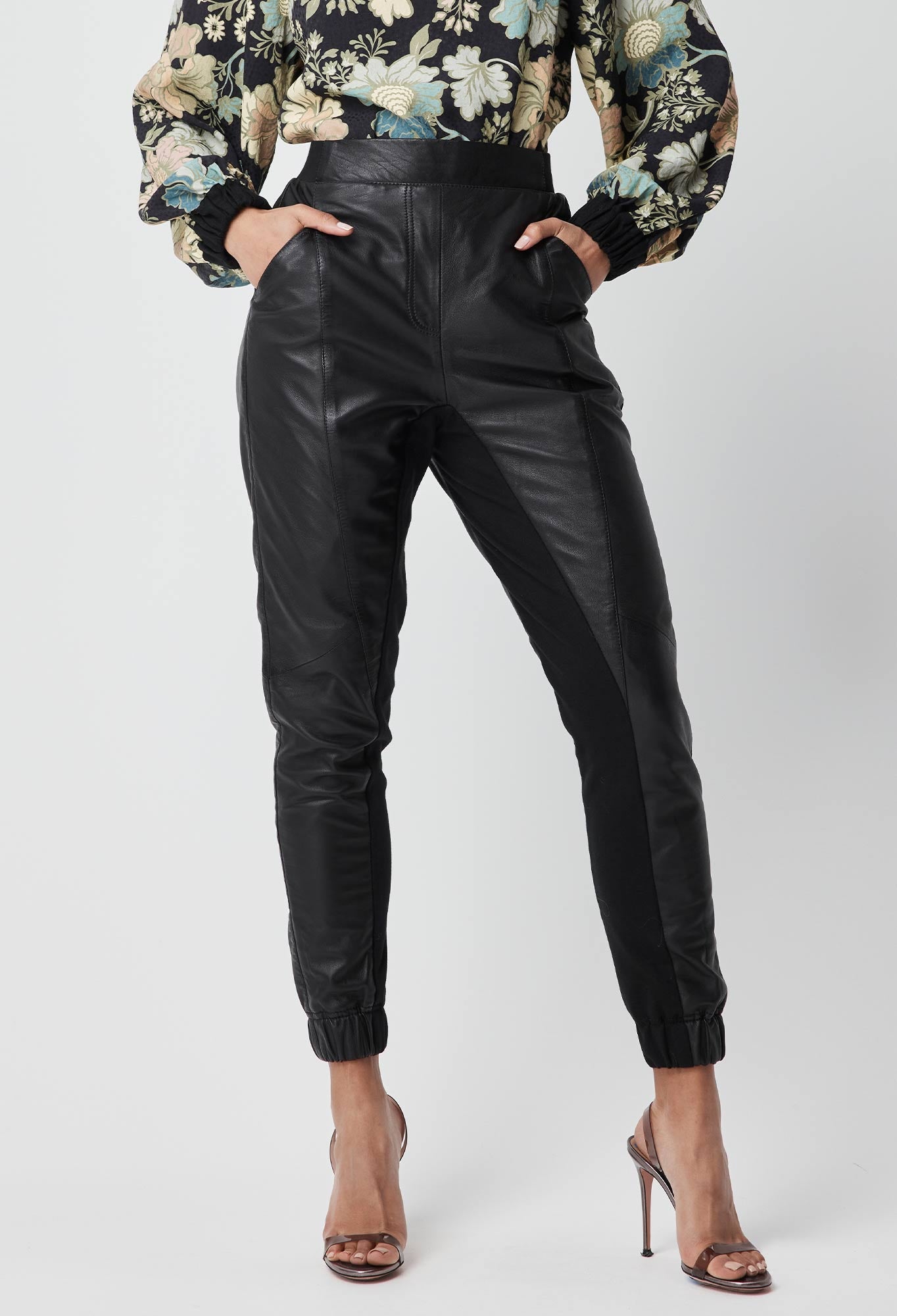 OnceWas Farrah High Waist Relaxed Leather Pant with Elastic Cuff in Black 
