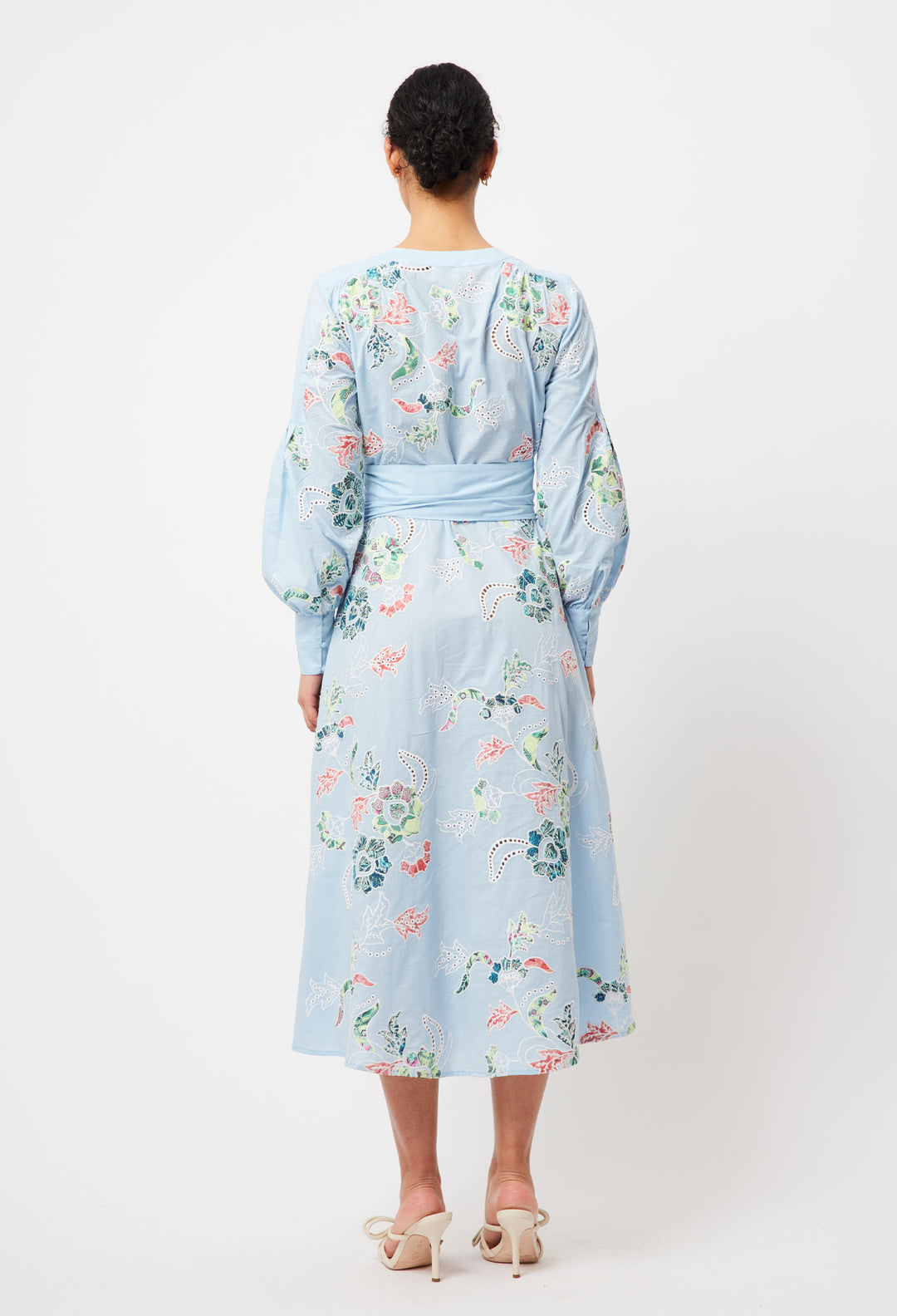 OnceWas Elysian Embroidered Cotton Coat Dress in Chambray Applique