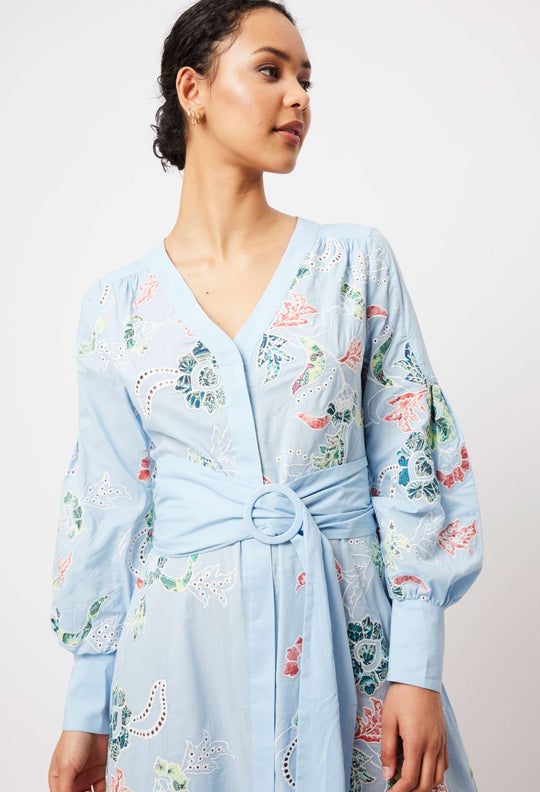 OnceWas Elysian Embroidered Cotton Coat Dress in Chambray Applique