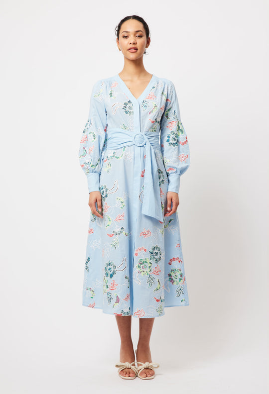 OnceWas Elysian Embroidered Cotton Coat Dress in Chambray Applique