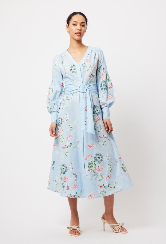 OnceWas Elysian Embroidered Cotton Coat Dress in Chambray Applique