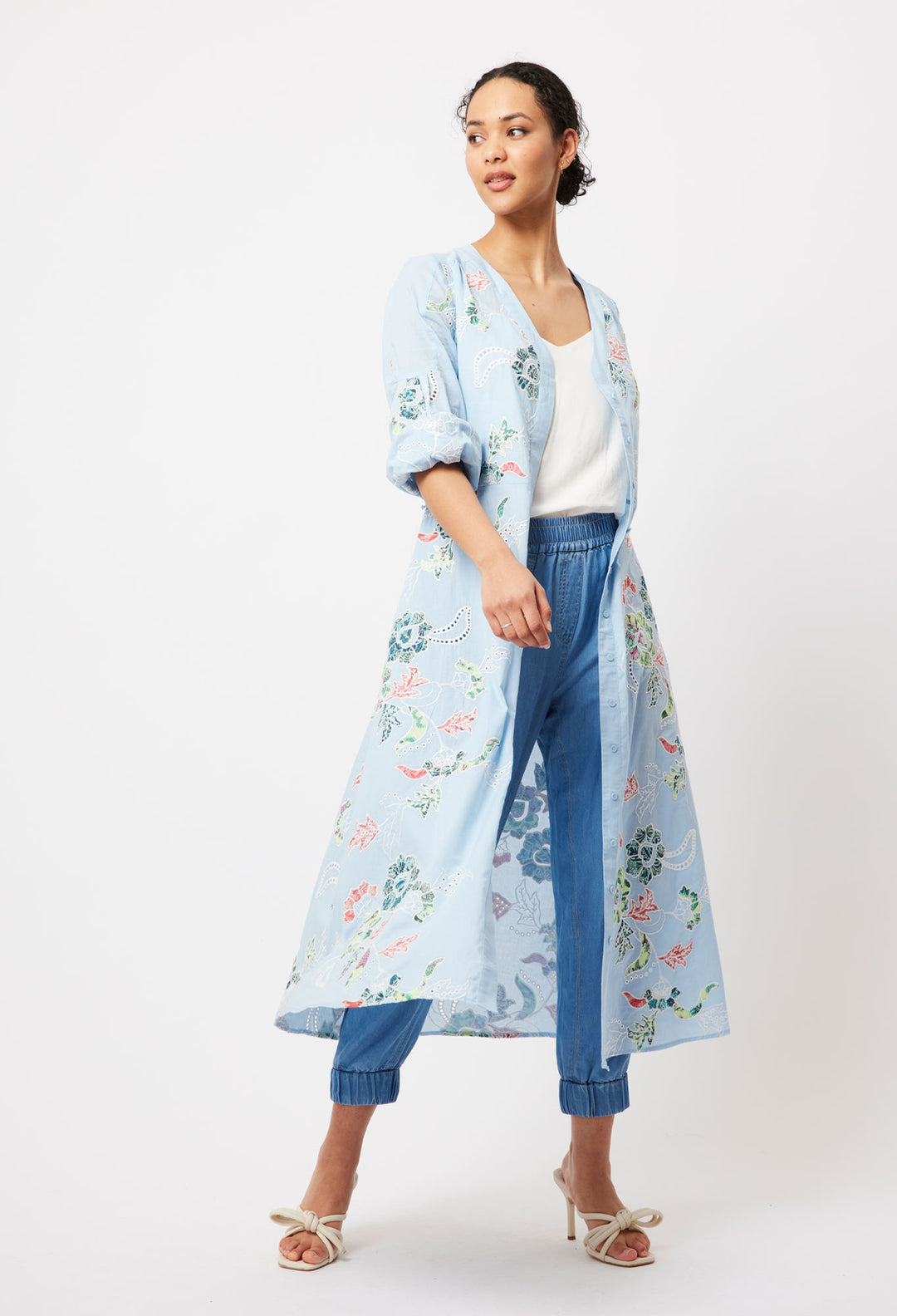 OnceWas Elysian Embroidered Cotton Coat Dress in Chambray Applique