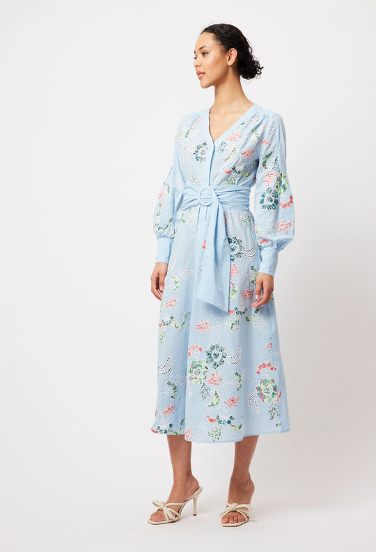 OnceWas Elysian Embroidered Cotton Coat Dress in Chambray Applique