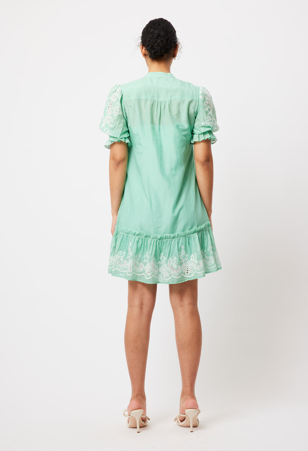 OnceWas Occitan Embroidered Cotton Dress in Seafoam