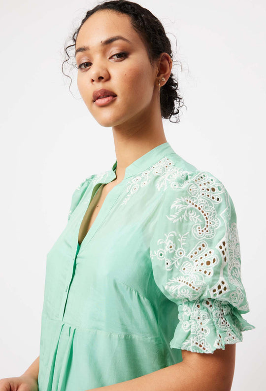 OnceWas Occitan Embroidered Cotton Dress in Seafoam