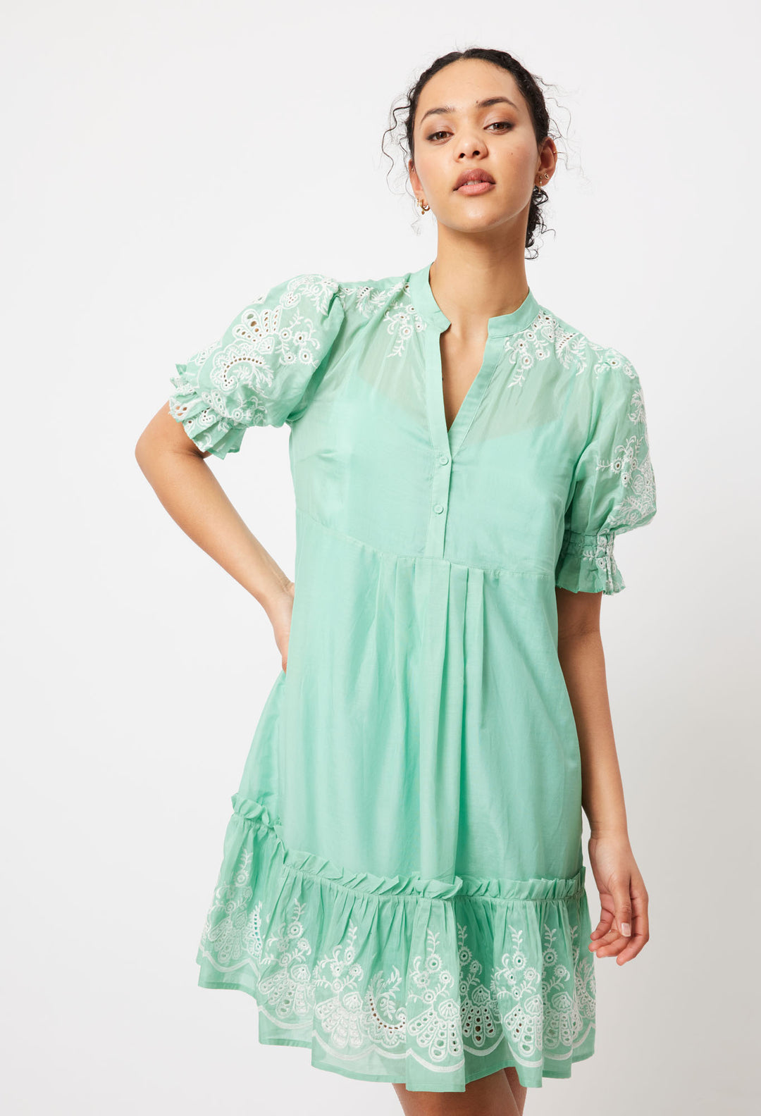 OnceWas Occitan Embroidered Cotton Dress in Seafoam