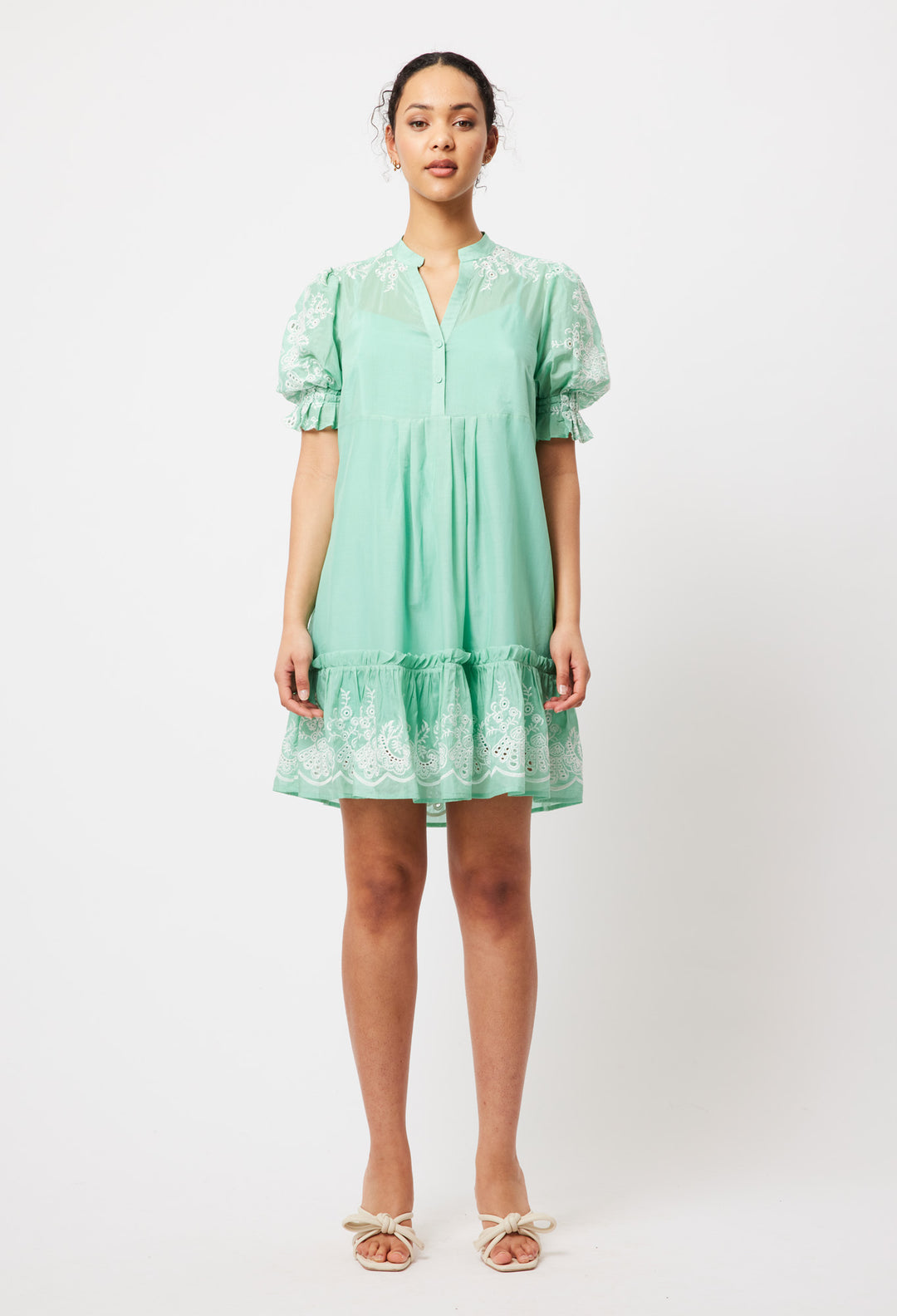 OnceWas Occitan Embroidered Cotton Dress in Seafoam