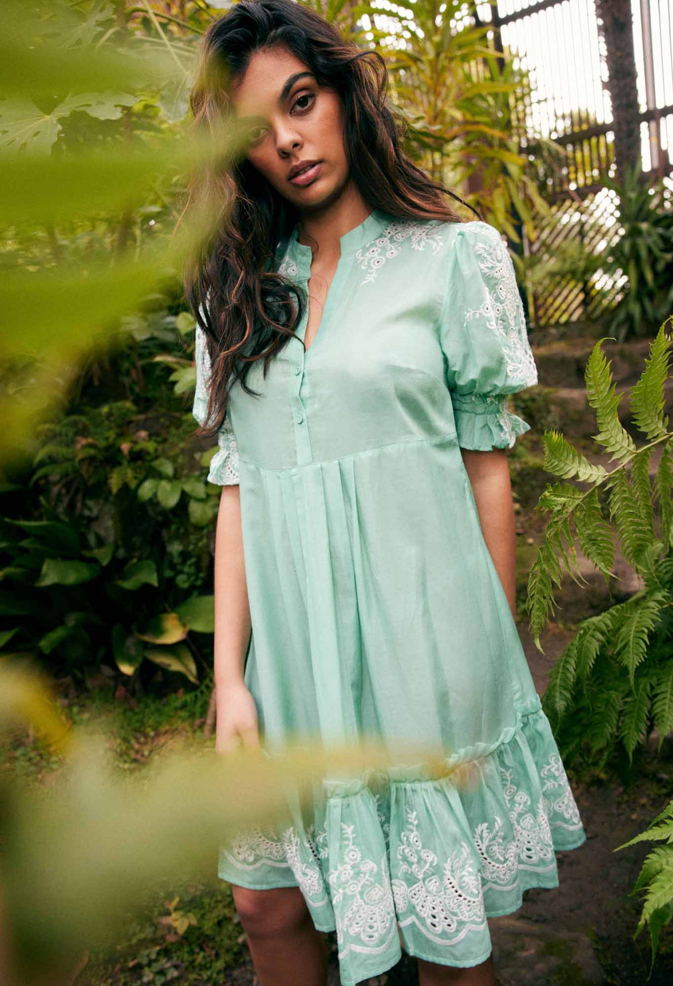 OnceWas Occitan Embroidered Cotton Dress in Seafoam