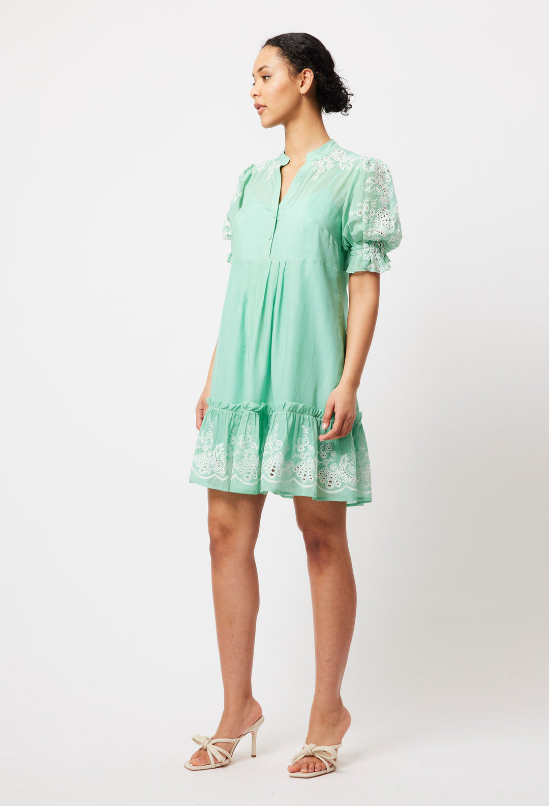 OnceWas Occitan Embroidered Cotton Dress in Seafoam