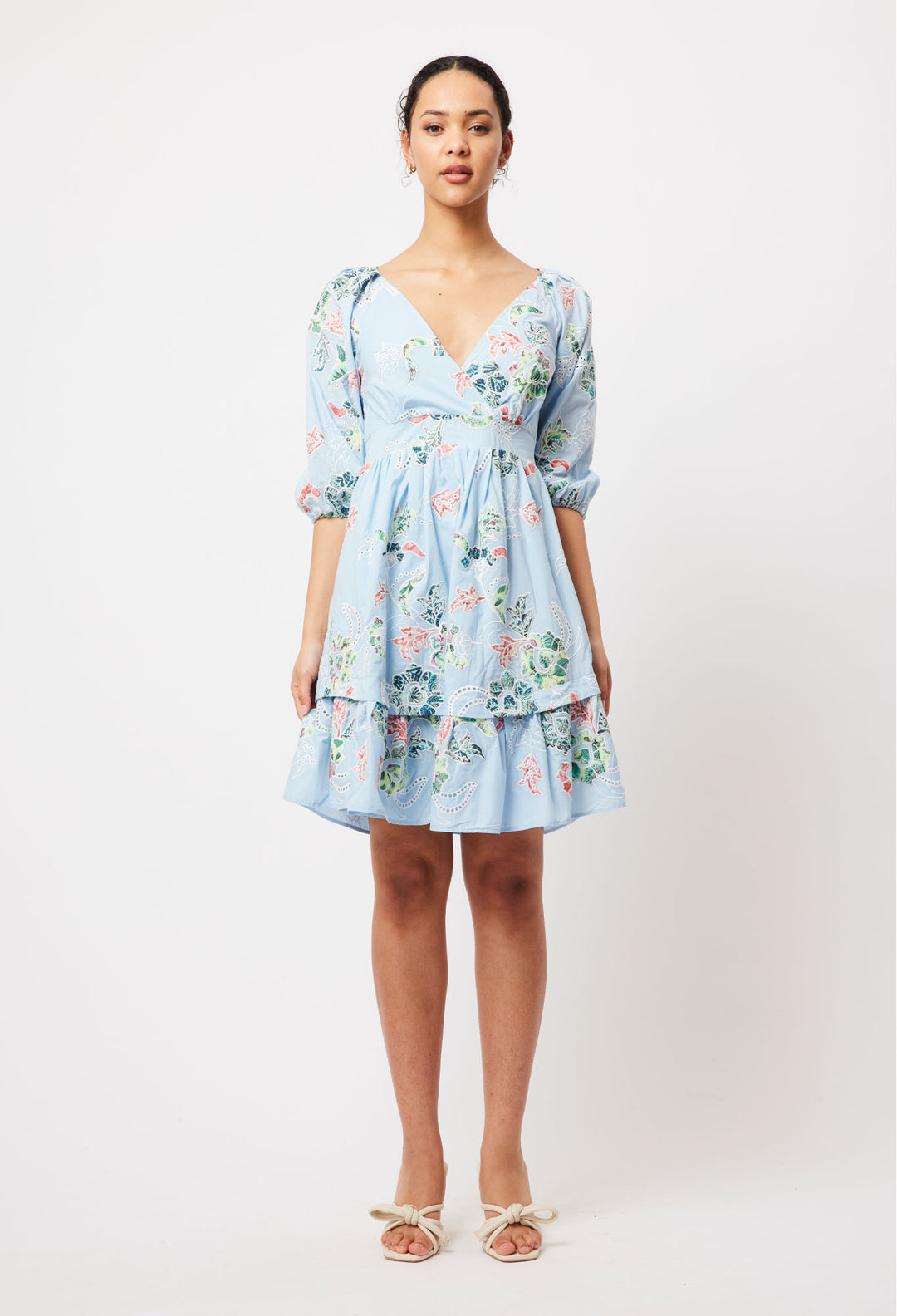 OnceWas Moana Embroidered Cotton Dress in Chambray Applique