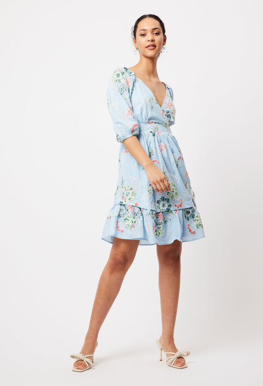 OnceWas Moana Embroidered Cotton Dress in Chambray Applique