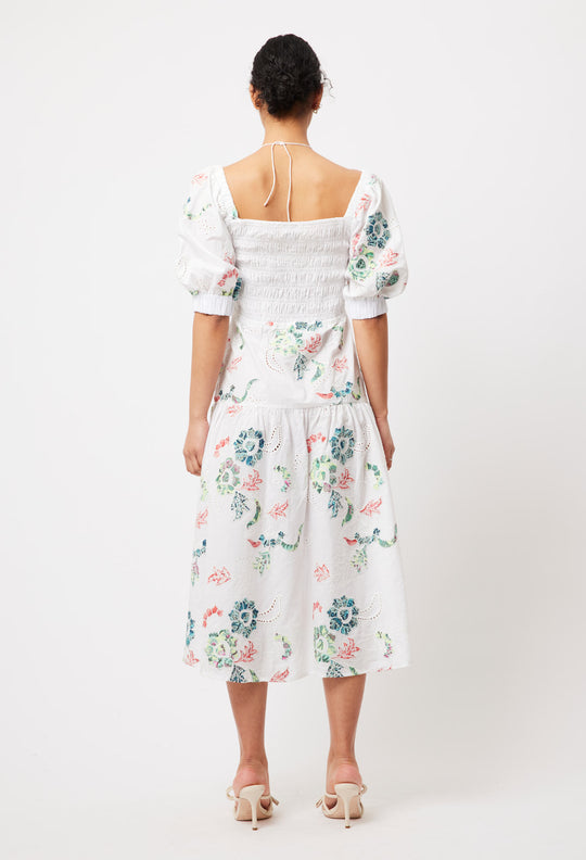 OnceWas Emalia Embroidered Cotton Dress in White Applique