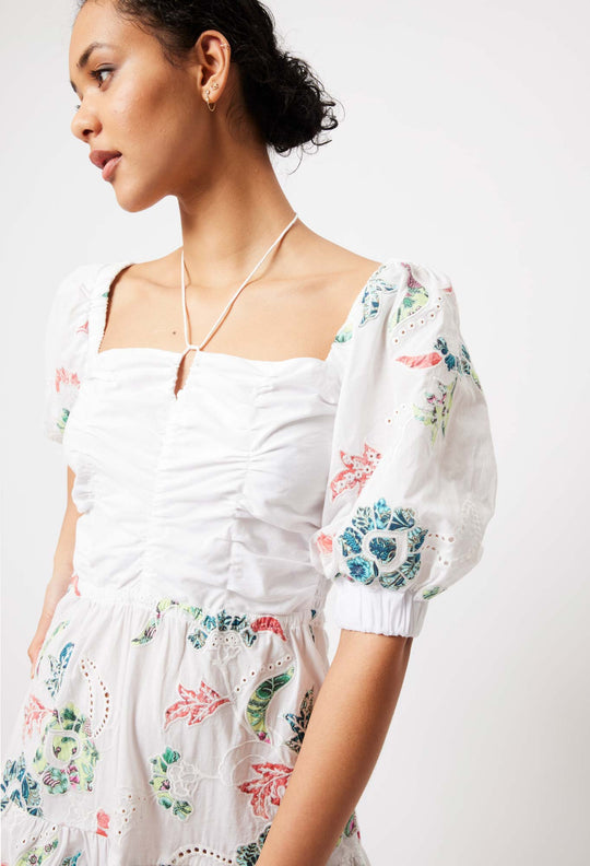 OnceWas Emalia Embroidered Cotton Dress in White Applique