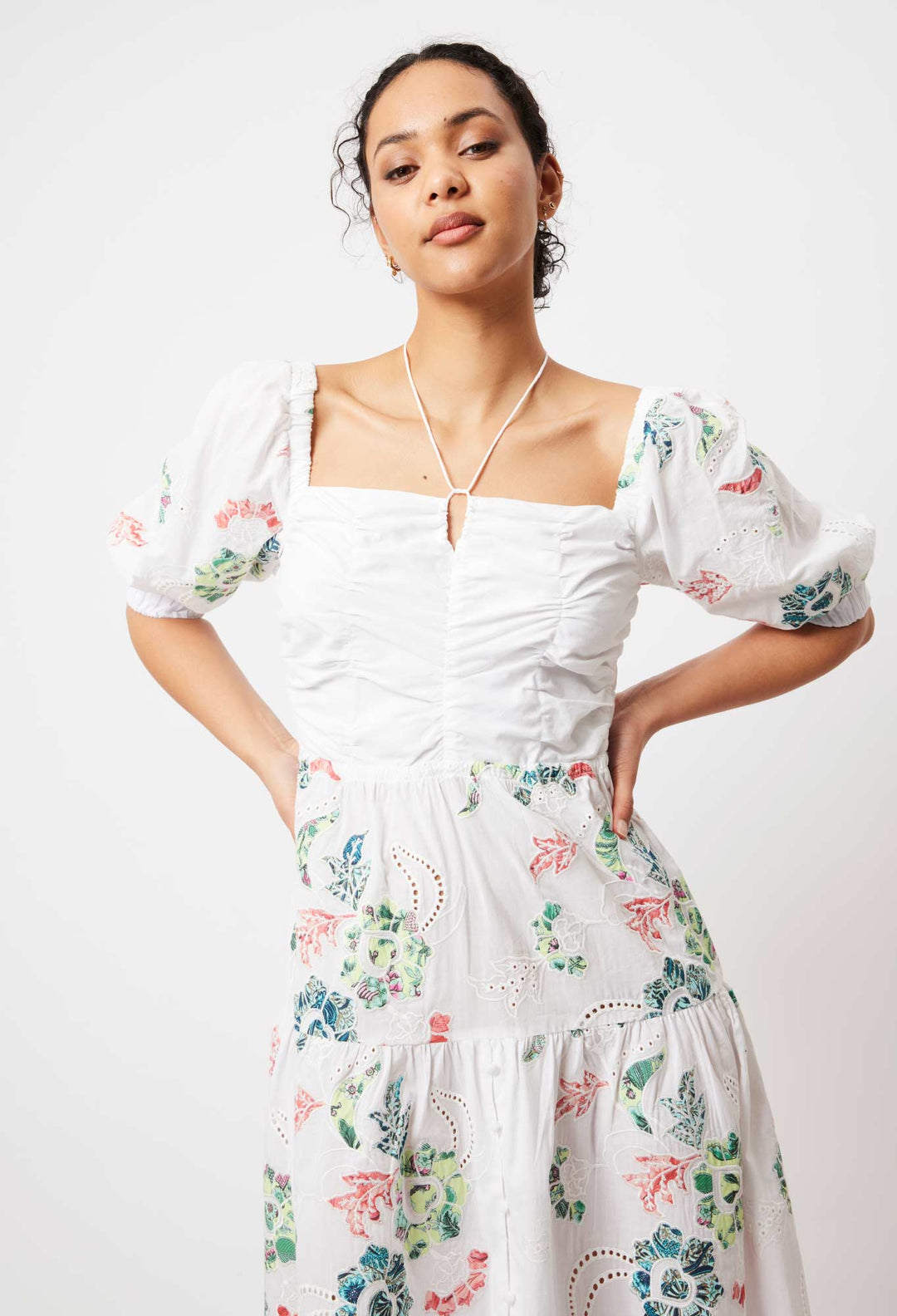 OnceWas Emalia Embroidered Cotton Dress in White Applique