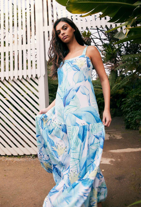 OnceWas Maya Linen/Viscose Dress in Azure Paradise