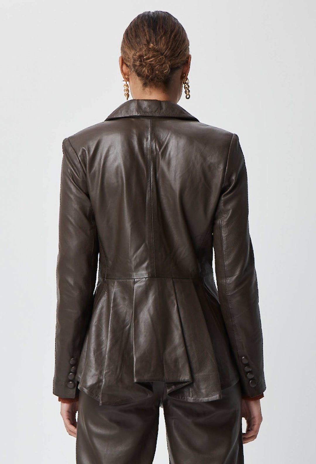 OnceWas Halston Waterfall Peplum Leather Blazer in Chocolate