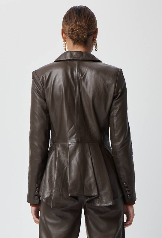 OnceWas Halston Waterfall Peplum Leather Blazer in Chocolate