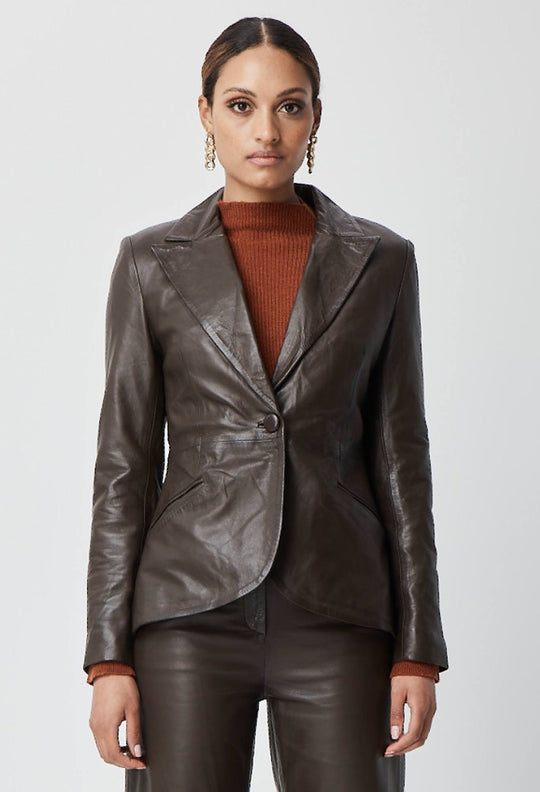 OnceWas Halston Waterfall Peplum Leather Blazer in Chocolate