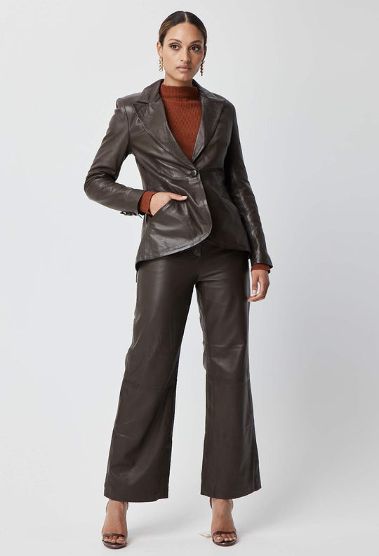 OnceWas Halston Waterfall Peplum Leather Blazer in Chocolate