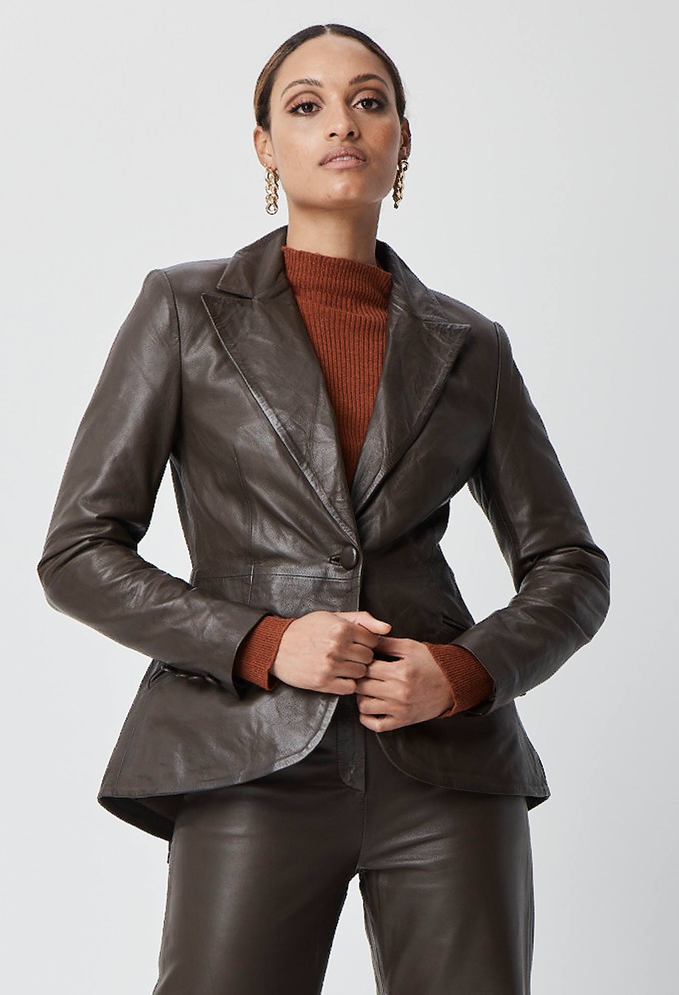 OnceWas Halston Waterfall Peplum Leather Blazer in Chocolate