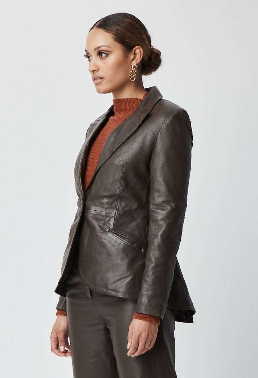 OnceWas Halston Waterfall Peplum Leather Blazer in Chocolate