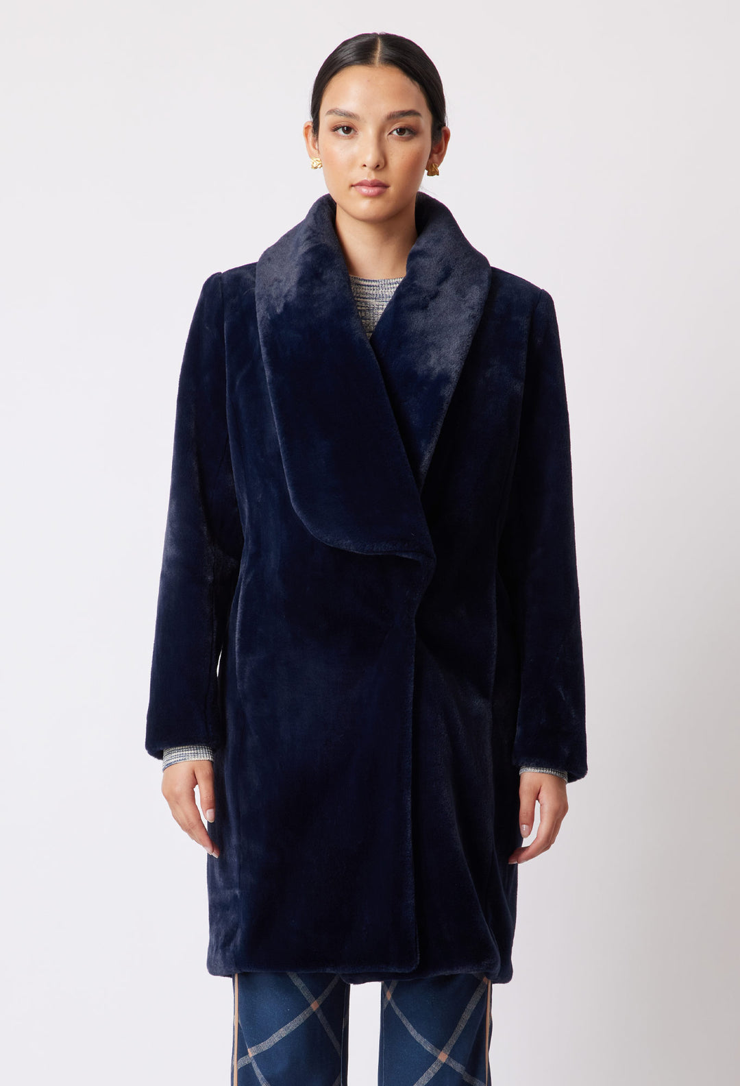 OnceWas Serena Faux Fur Coat in Navy